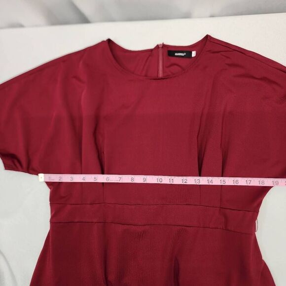 Allandwell Women's XL Burgandy Stretch Fit And Flare Midi Short-Sleeve Tie Waist - Picture 4 of 6